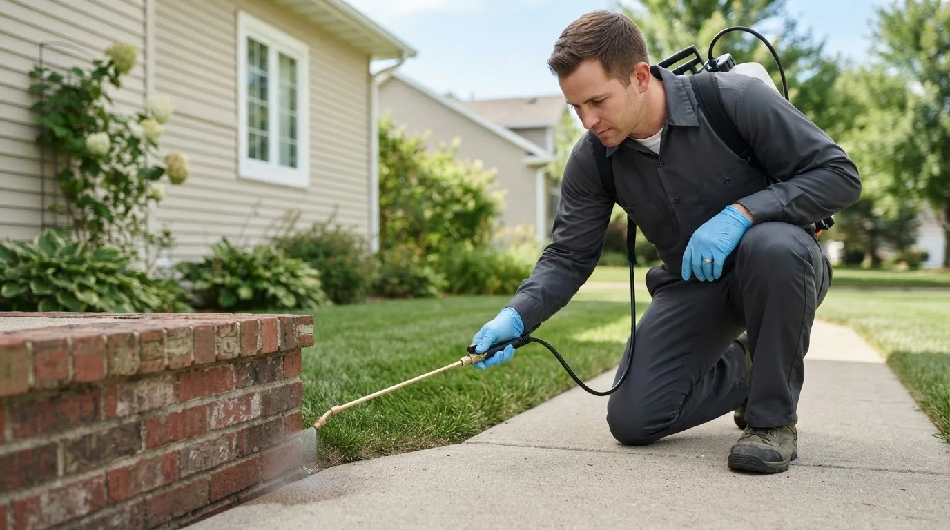 Pest control technician treating a home near Marysville, OH