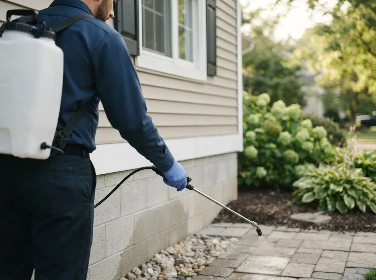 Pest control technician inspecting a home in Marysville, OH